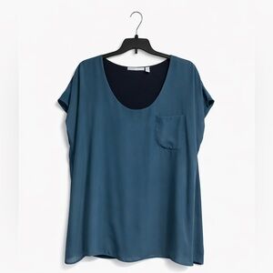 NY Collection Teal Blouse XL Scoop Neck Short Sleeve Pocket Top